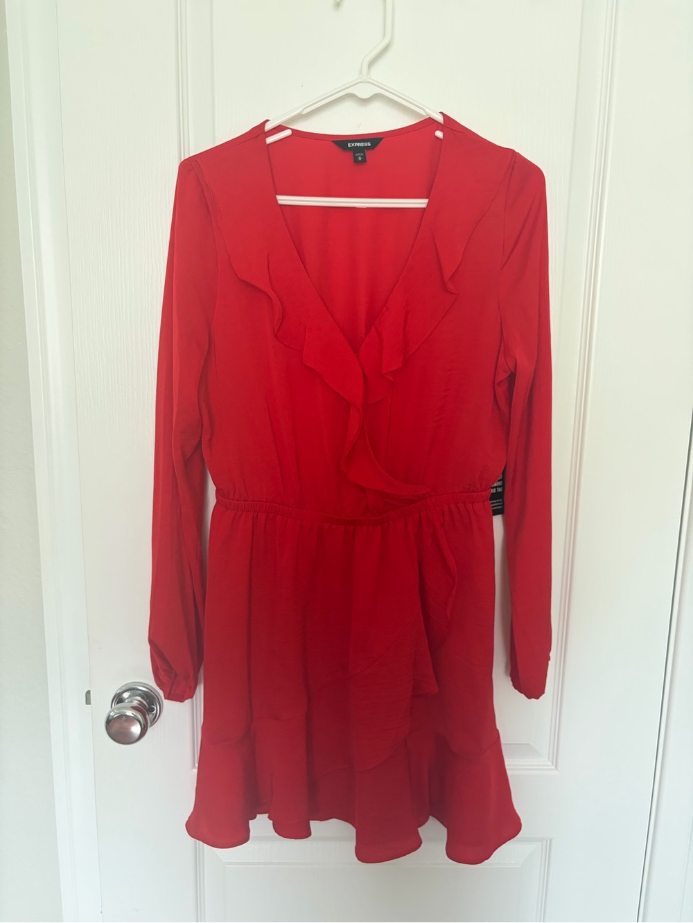 Express Vibrant Red Long-Sleeve Ruffle Wrap Dress